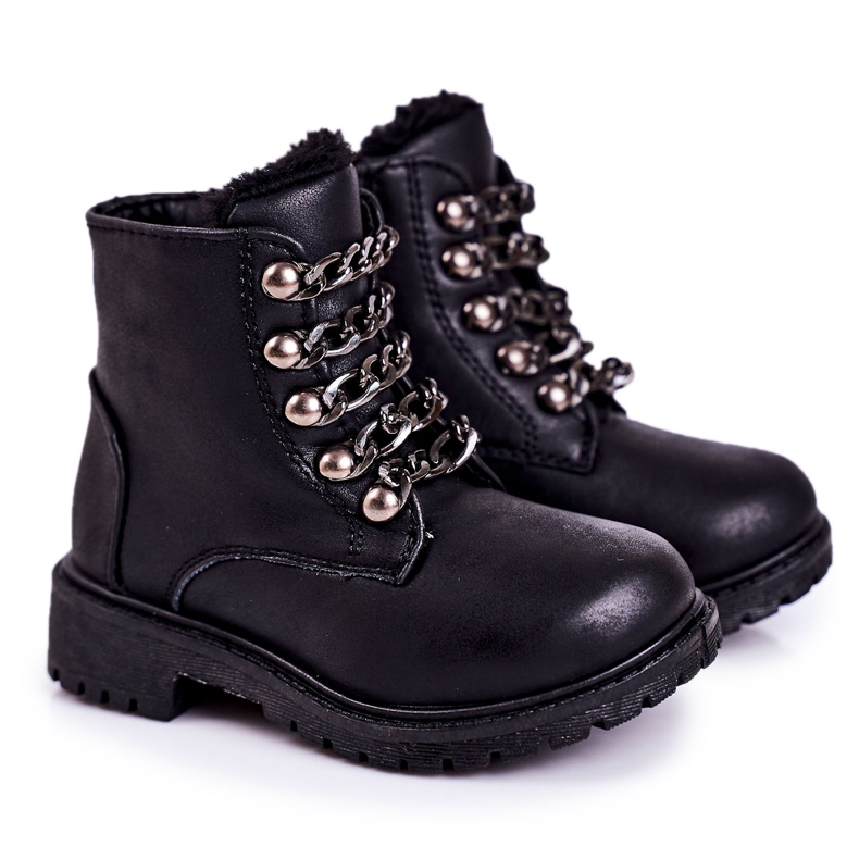 Kinder Isolierte Trapper Kette aus Öko-Leder Schwarz Rock &amp; Roll