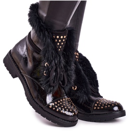 SEA Warme Damenstiefel mit Strass und Fell, lackierter Glamour schwarz