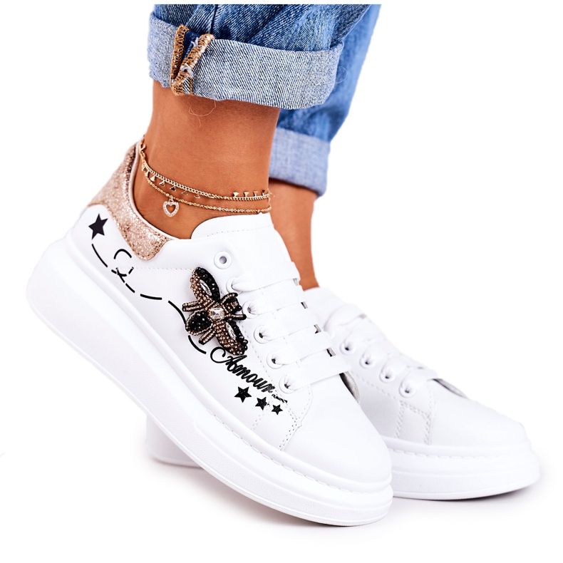 Damen Sportschuhe Sneakers mit Fliege Weiß Golden Amour