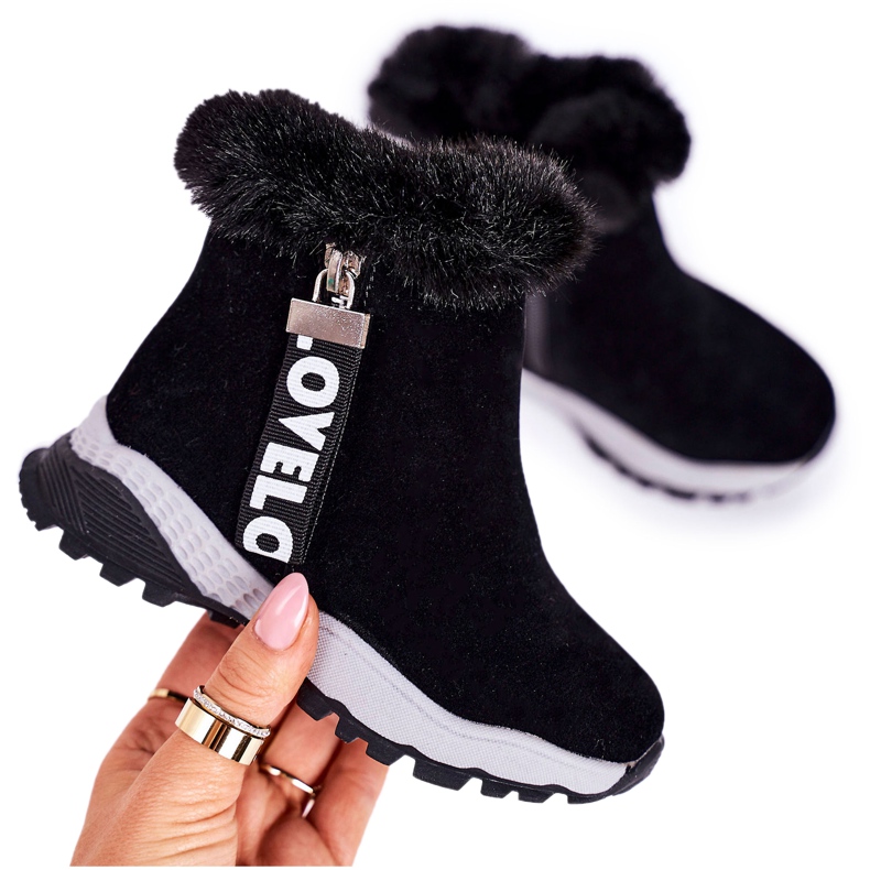 Linshi Warme Kinder-Schneestiefel mit Fell Schwarz Love-Love