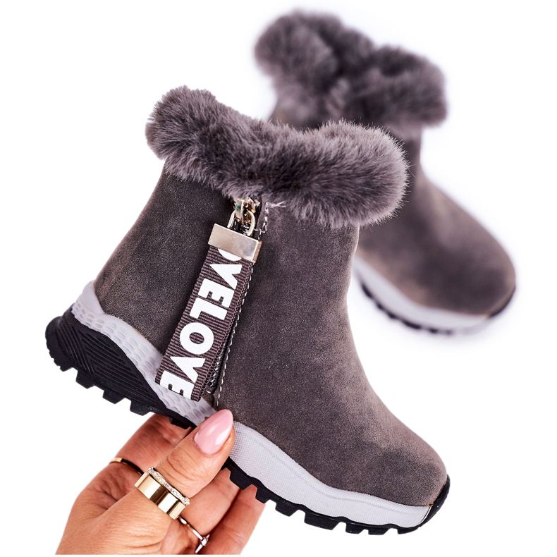 Linshi Warme Kinder-Schneestiefel mit Fell Grau Love-Love