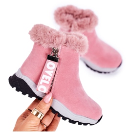 Linshi Warme Kinder-Schneestiefel mit Fell Pink Love-Love rosa