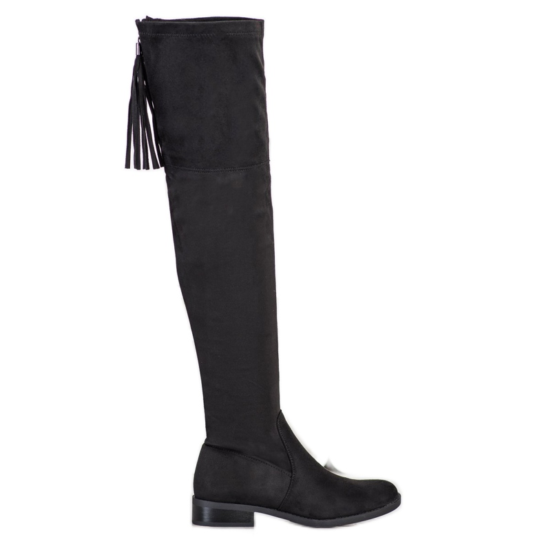 Forever Folie Bequeme oberschenkelhohe Stiefel mit Fransen schwarz