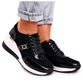 S.Barski Damen Leder Keil Turnschuhe Schwarz Gold Roxette golden