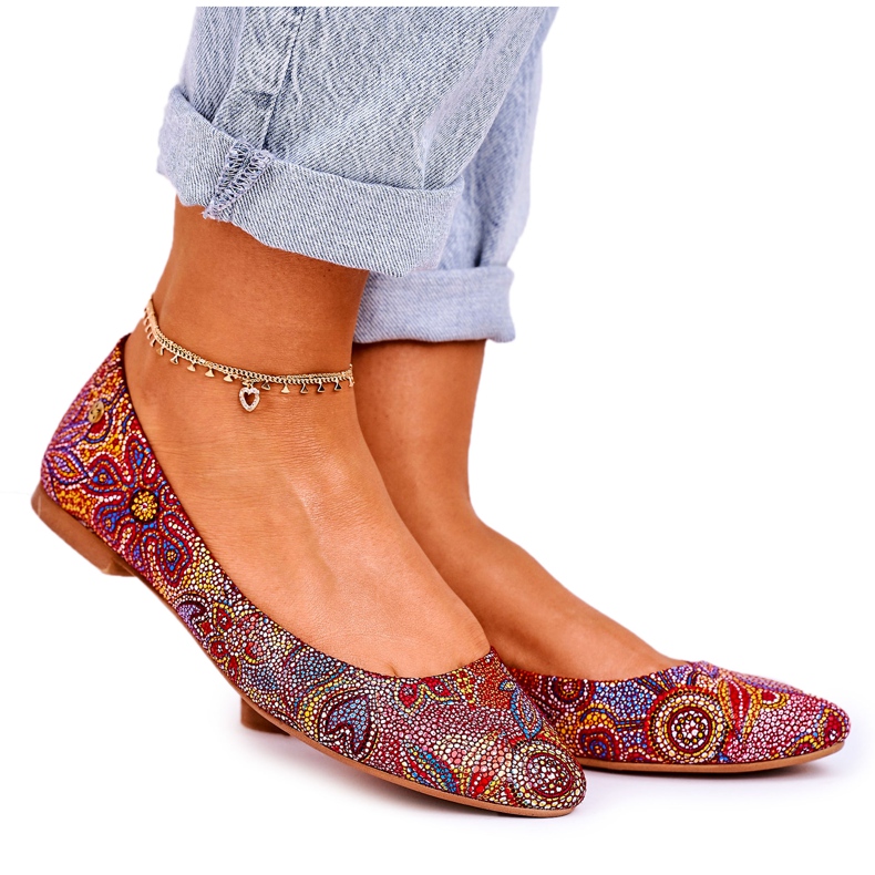 Damen Leder Maciejka Ballerinas Rot mit Blumen 04100-38 mehrfarbig