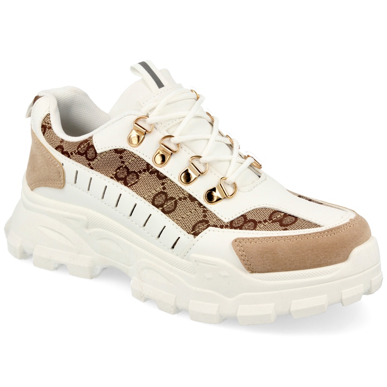 Damen-Sneaker auf einem massiven weißen Daydreamer beige braun golden