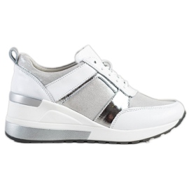 Sneakers aus Leder mit VINCEZA Glitzer weiß silber-