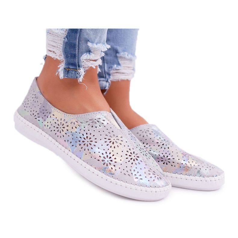 Jezzi Damen graue Leder -Turnschuhe Komforteinsatz