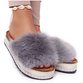 PS1 Graue Abenteuer-Plateaupantoffeln mit Fell mehrfarbig