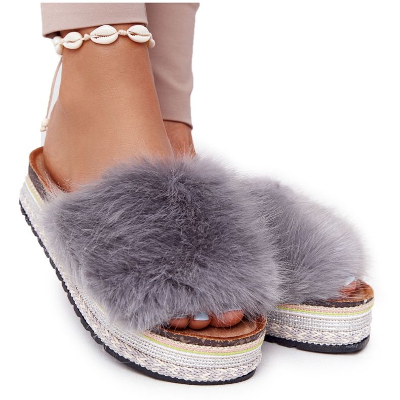 PS1 Graue Abenteuer-Plateaupantoffeln mit Fell mehrfarbig