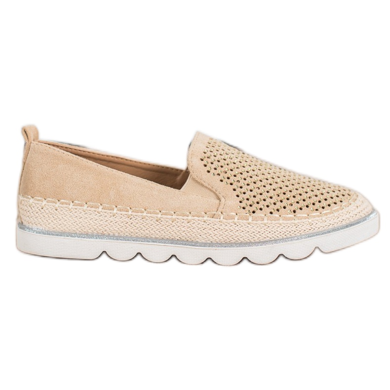 SHELOVET Durchbrochene Slipons mit Kristallen beige