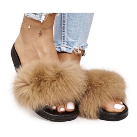 SEA Damen Hausschuhe mit Fell Kamel Belmondo braun schwarz