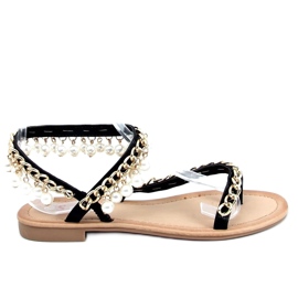 Schwarze Flip-Flops mit Perlen JH186P Schwarz golden