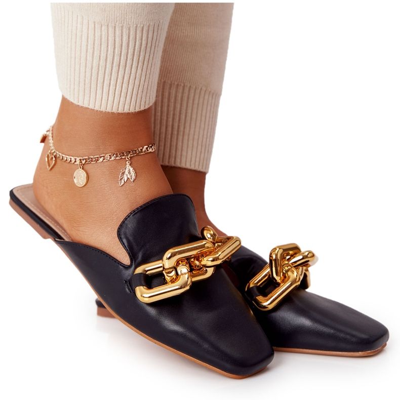 PS1 Schwarze Call On Me Hausschuhe mit Obermaterial und Kette golden