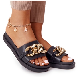 Schwarze Plateau-Pantoffeln mit Kette golden