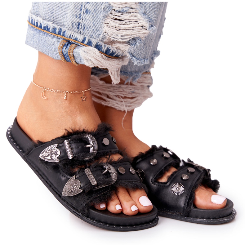 PS1 Hausschuhe mit Schnallen und Pelz Black Lydia schwarz