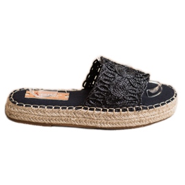 Seastar Espadrilles Flip Flops auf einer Strohplattform schwarz