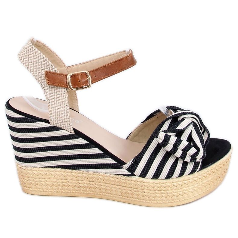 Schwarze Sandalen auf einem schwarz gestreiften Keilabsatz A89907 Black beige braun