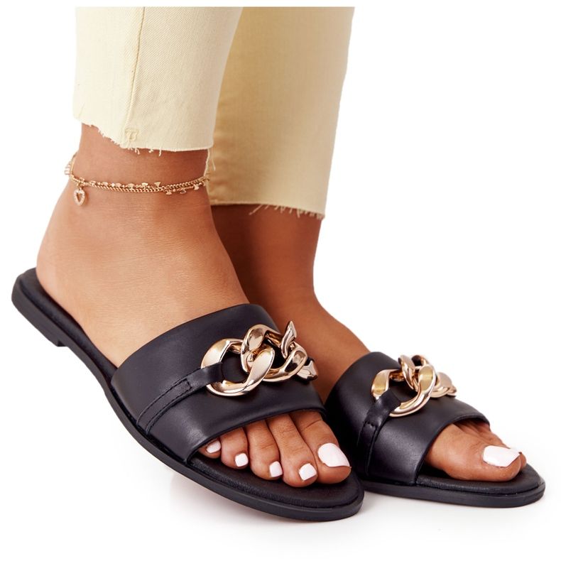 Lederpantoffeln mit Kette Nicole 2652 Schwarz