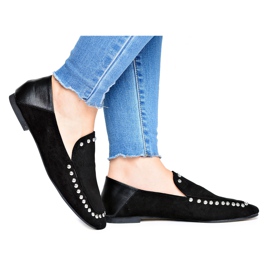 Lu Boo Damen Black Lords Ballerinas mit Planta Strasssteinen schwarz silber-