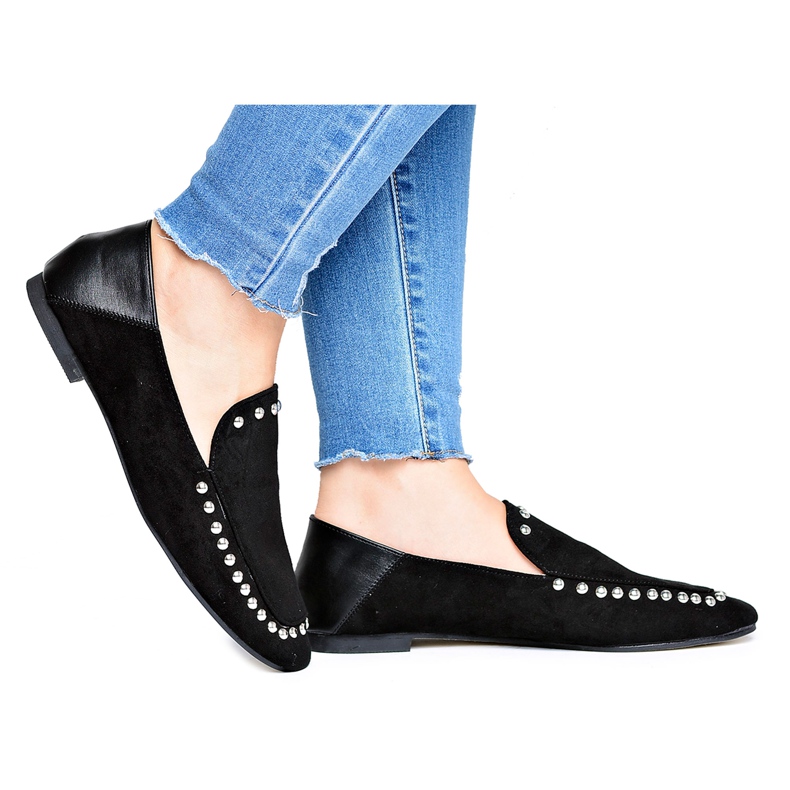 Lu Boo Damen Black Lords Ballerinas mit Planta Strasssteinen schwarz silber-