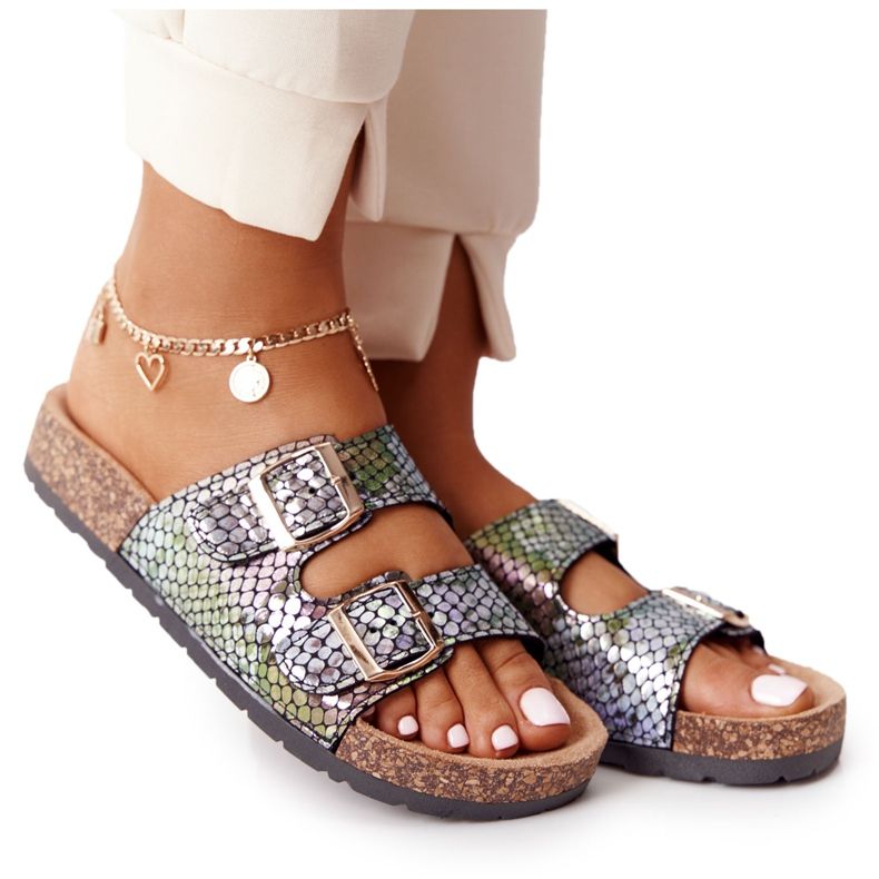 MSMG Schwarze Boa-Sandalen auf Korksohle mehrfarbig