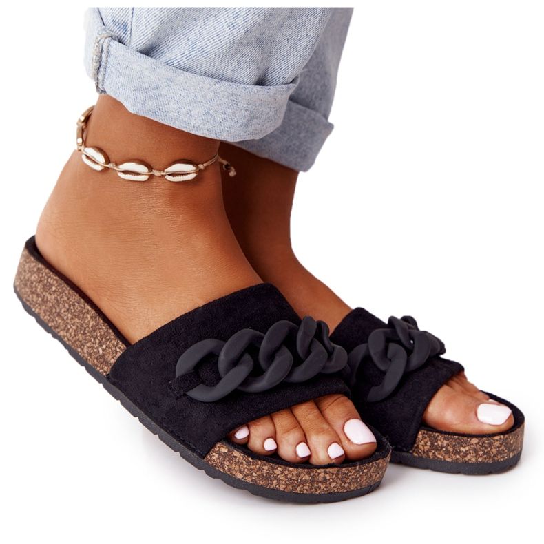 MSMG Schwarze Makayla Wildleder Hausschuhe auf der Korksohle