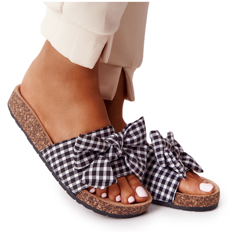 MSMG Hausschuhe auf Korksohle mit Amara karierter Schleife weiß schwarz