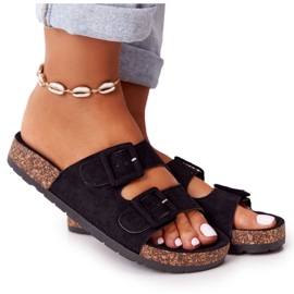 MSMG Schwarze Jennifer Wildleder Hausschuhe auf Korksohle