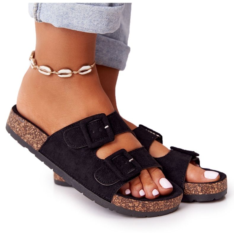 MSMG Schwarze Jennifer Wildleder Hausschuhe auf Korksohle