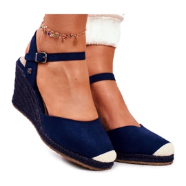 Damen Sandalen auf einem geflochtenen Keil Big Star Marineblau DD274A172 beige navy blau