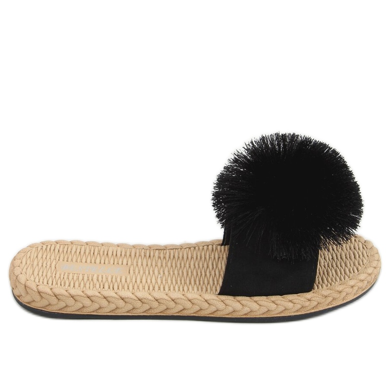 Schwarz S-410 Schwarze Hausschuhe mit Pompon