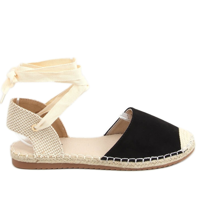 Schwarze Espadrilles mit Knöchel gebunden H-107 Schwarz beige