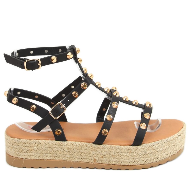 Schwarz ME01 Schwarze Espadrilles-Sandalen mit Nieten