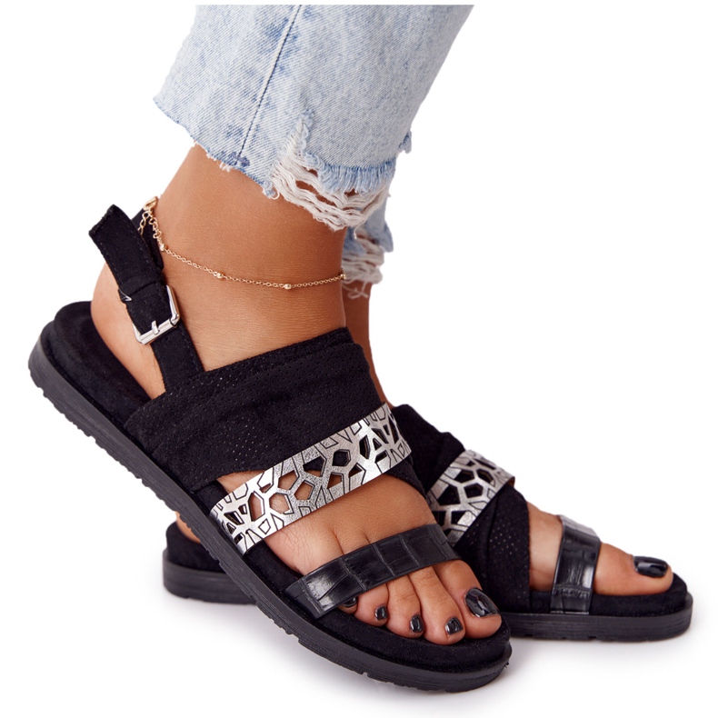 EVE Damen Wildleder Sandalen Schwarz und Silber Asturias silber-