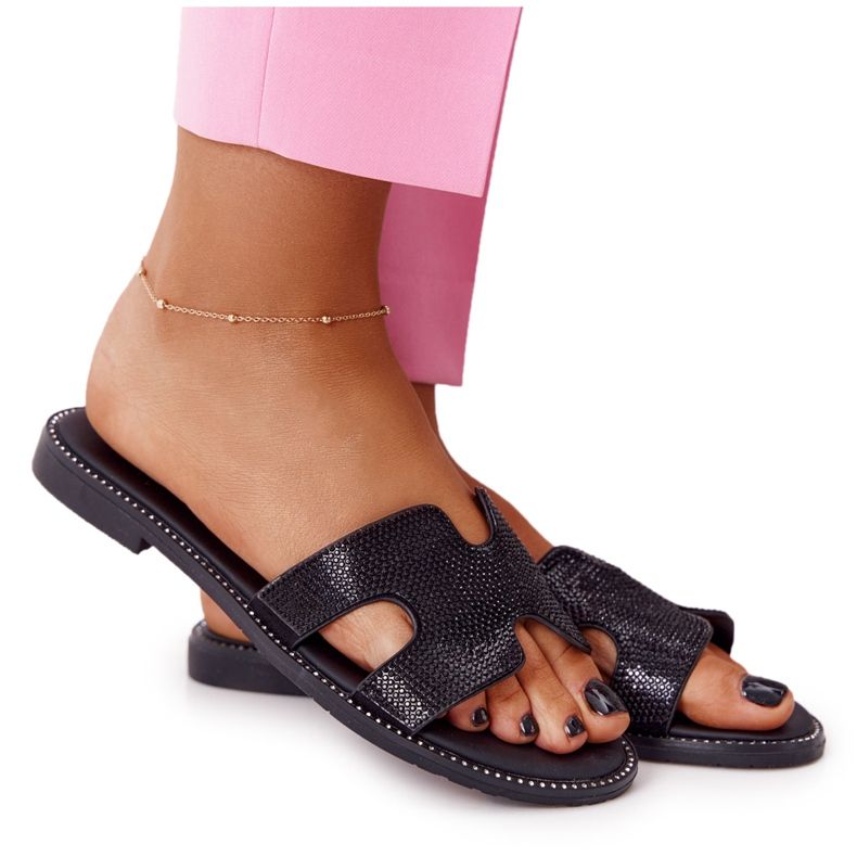 EVE Hausschuhe aus Leder mit Zirkonia Schwarz Modena