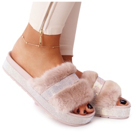 PS1 Hausschuhe auf der Plattform mit Fell und Zirkonia Beige Impress