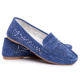 S.Barski Damen Slipper mit durchbrochenem Leder Navy Blue Salem marineblau