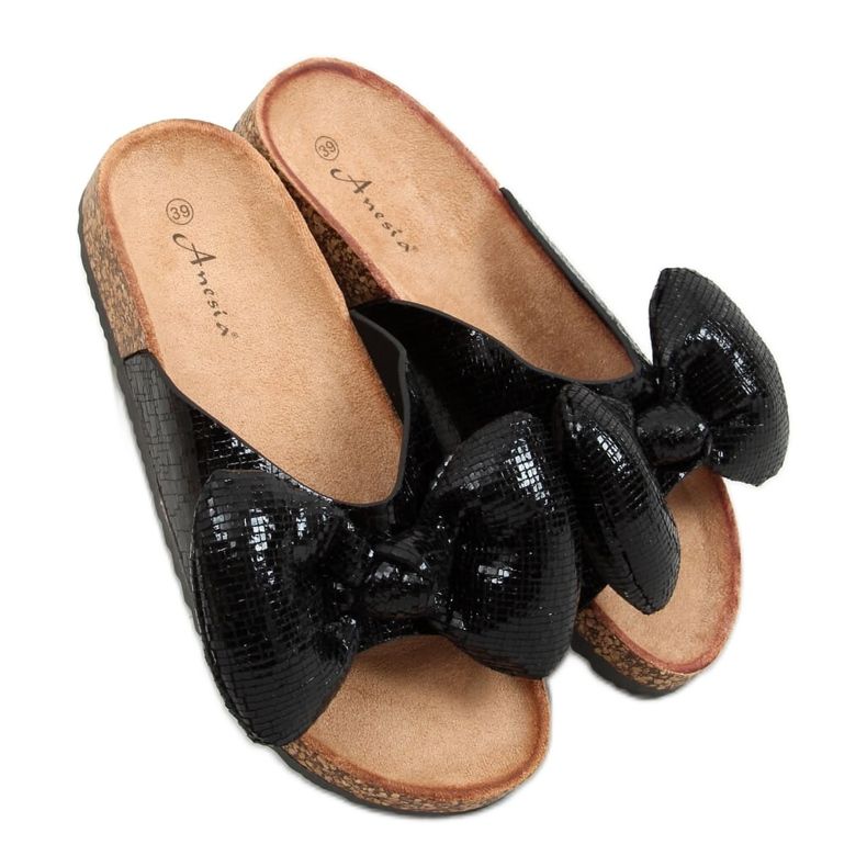 Schwarze Mickey-Hausschuhe mit Schleife N-79 Schwarz