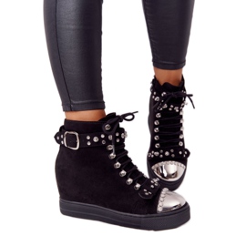 Schwarze Lu Boo Keilstiefel aus Wildleder mit Strasssteinen