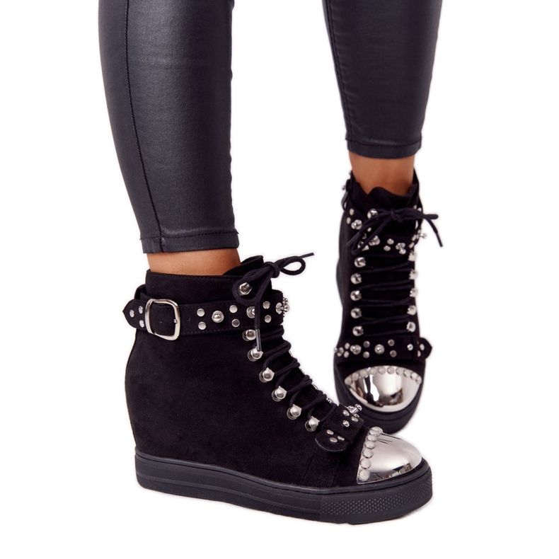 Schwarze Lu Boo Keilstiefel aus Wildleder mit Strasssteinen