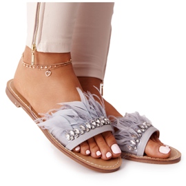 Hausschuhe mit Federn Lu Boo Grau