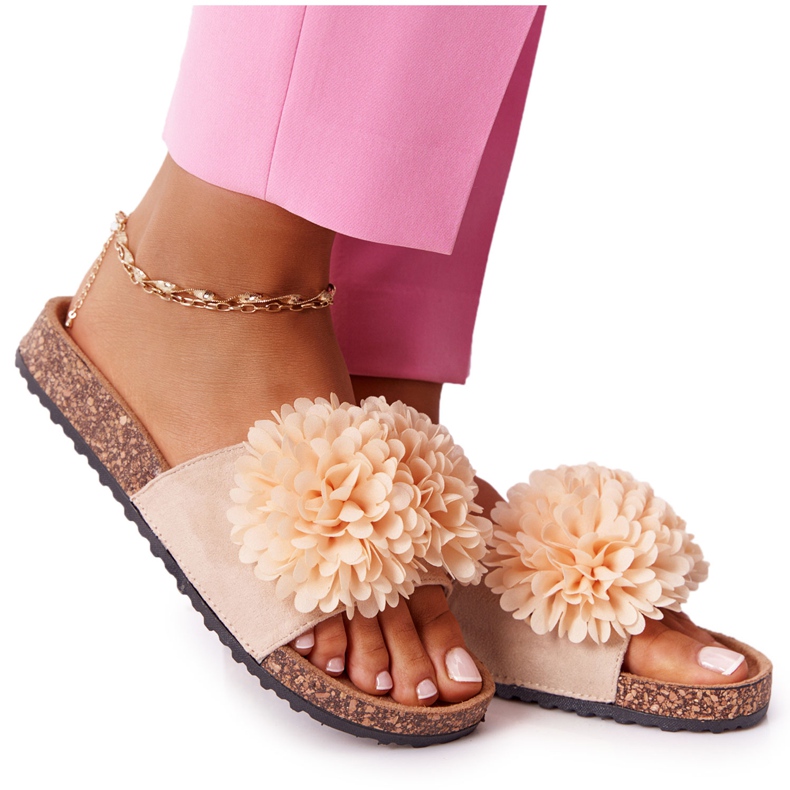 Beige Flowerbomb Hausschuhe auf Korksohle