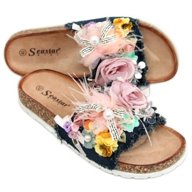 Korkhausschuhe mit Blumen BG61P Dunkelblau navy blau mehrfarbig