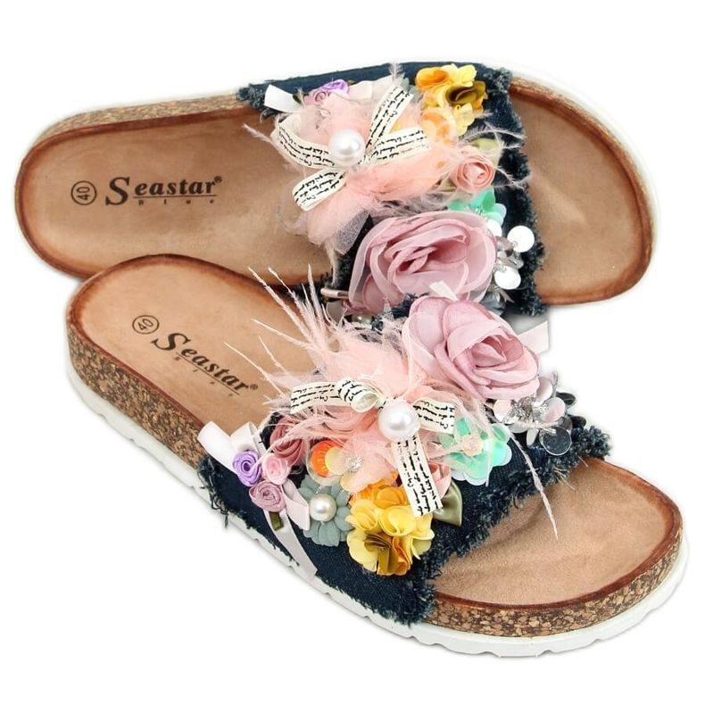 Korkhausschuhe mit Blumen BG61P Dunkelblau navy blau mehrfarbig