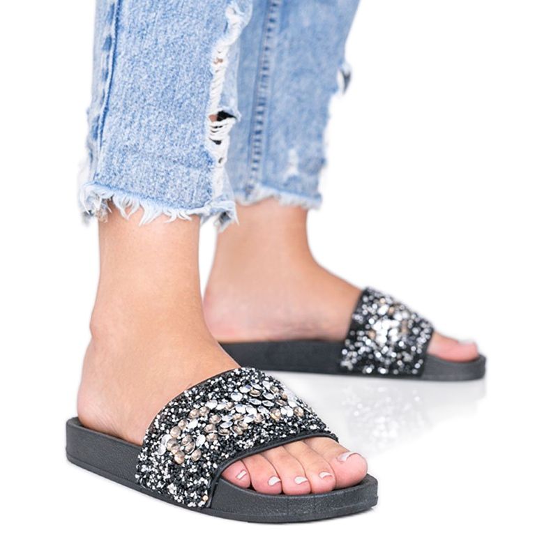 Schwarze Bling Bling Hausschuhe für Damen