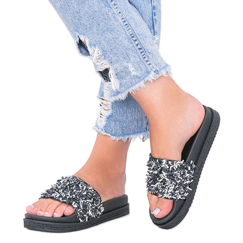 Schwarze Hausschuhe mit Zirkonia Love Bling