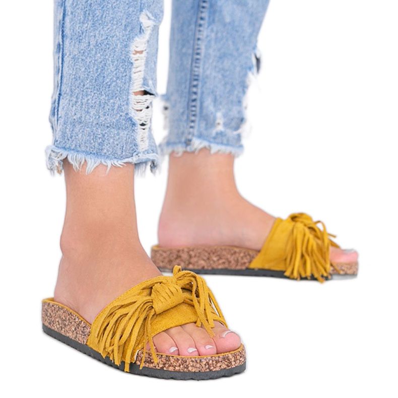 Senffarbene Hausschuhe mit Korksohle gelb