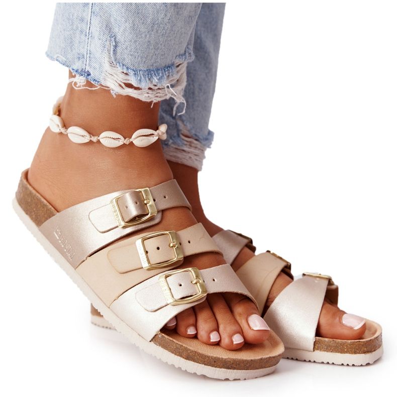 Leder Hausschuhe Big Star HH274585 Beige und Gold golden