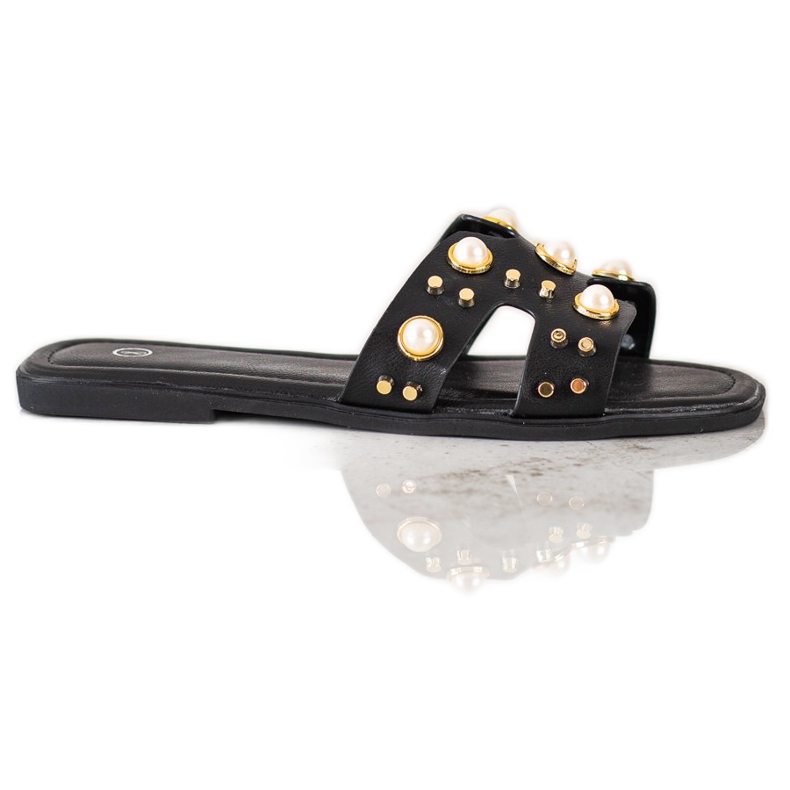 SHELOVET Modische Hausschuhe mit Strasssteinen schwarz